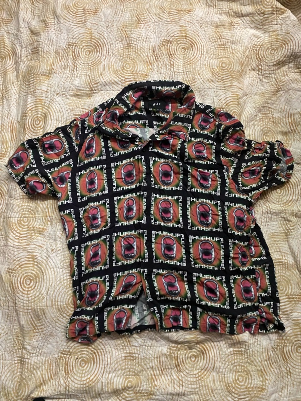 HUF Black Button-Up Shirt with Pink and Green Graphic Print